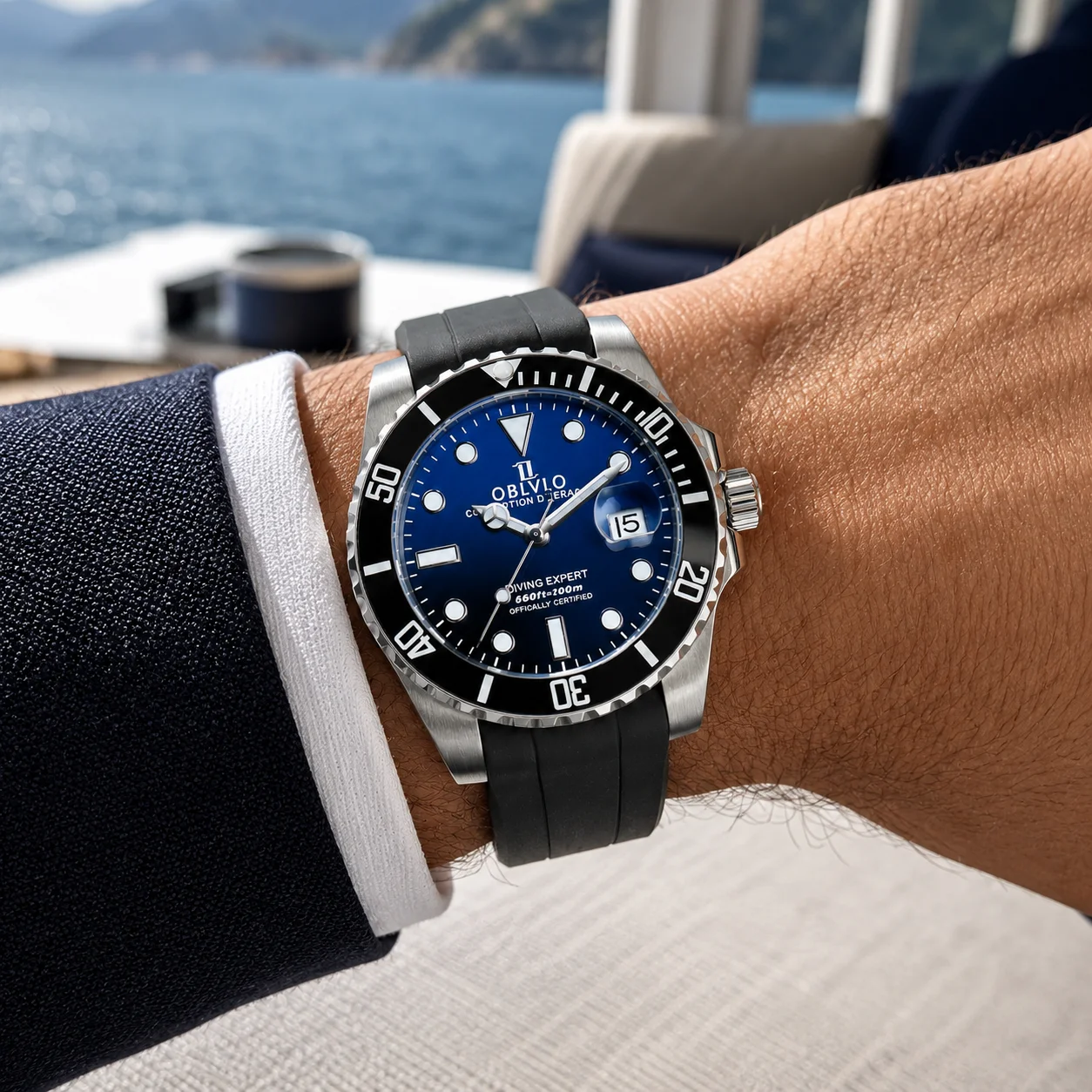 OBLVLO Men's Mechanical Diving Watch Deep Blue Dial with Date Feature Business Automatic Rubber Band Fashion Watch DM-SIM