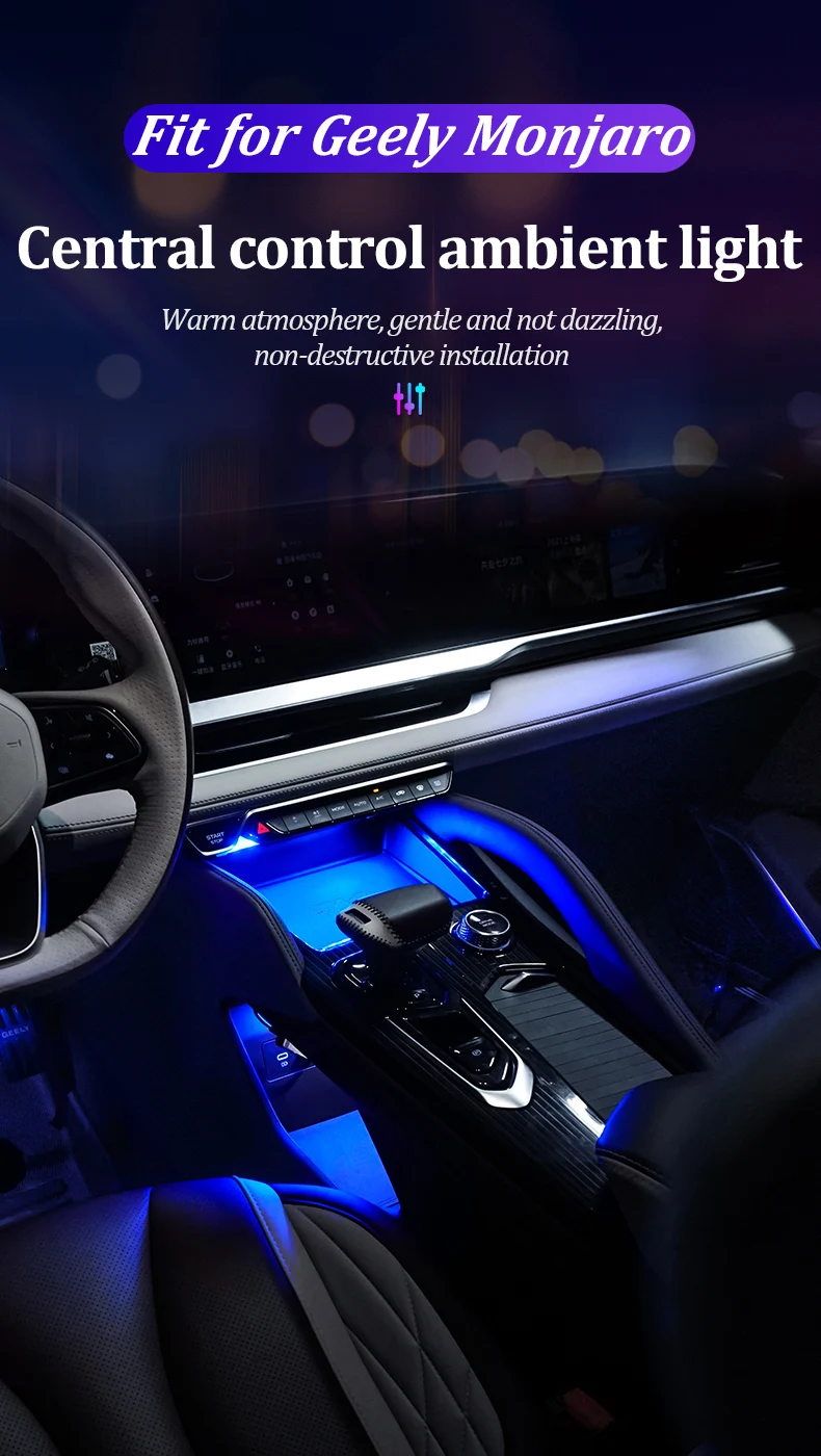 LINNUNU Ambiente-Lichtleiste für Geely Monjaro Xingyue L, 7 Farben, Atmosphäre, Zentralsteuerung, Sattellicht, Innenraum, Auto-Dekoration – Detail 1