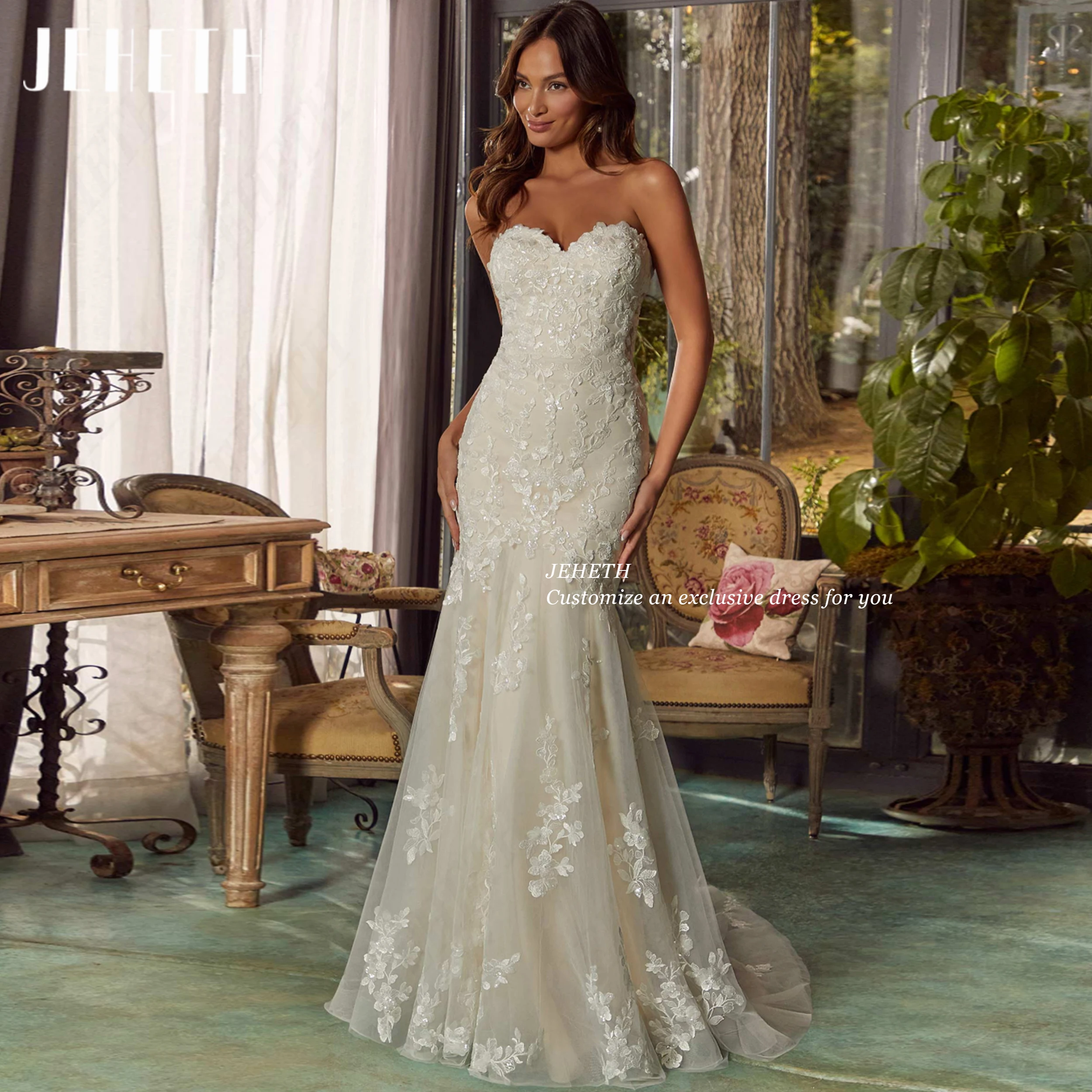 

JEHETH Customized 2 In 1 Wedding Dress Lace Applique robe de mariee Sheath Mermaid Bride Gown Tulle Bridal Dresses For Women