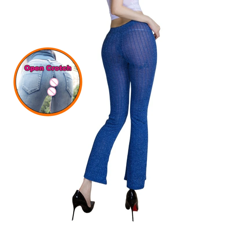 Women's open-file trousers crotch zipper open-file bending waist slightly transparent flared pants yoga hip-wrapped leggings