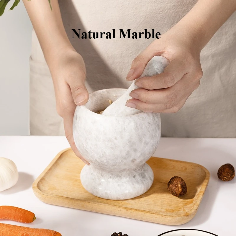 Mortar and Pestle Marble Set for Spices Pestos Seasonings Pastes Guacamole Bowl Herb Grinder,with bamboo Lid Easy To Clean