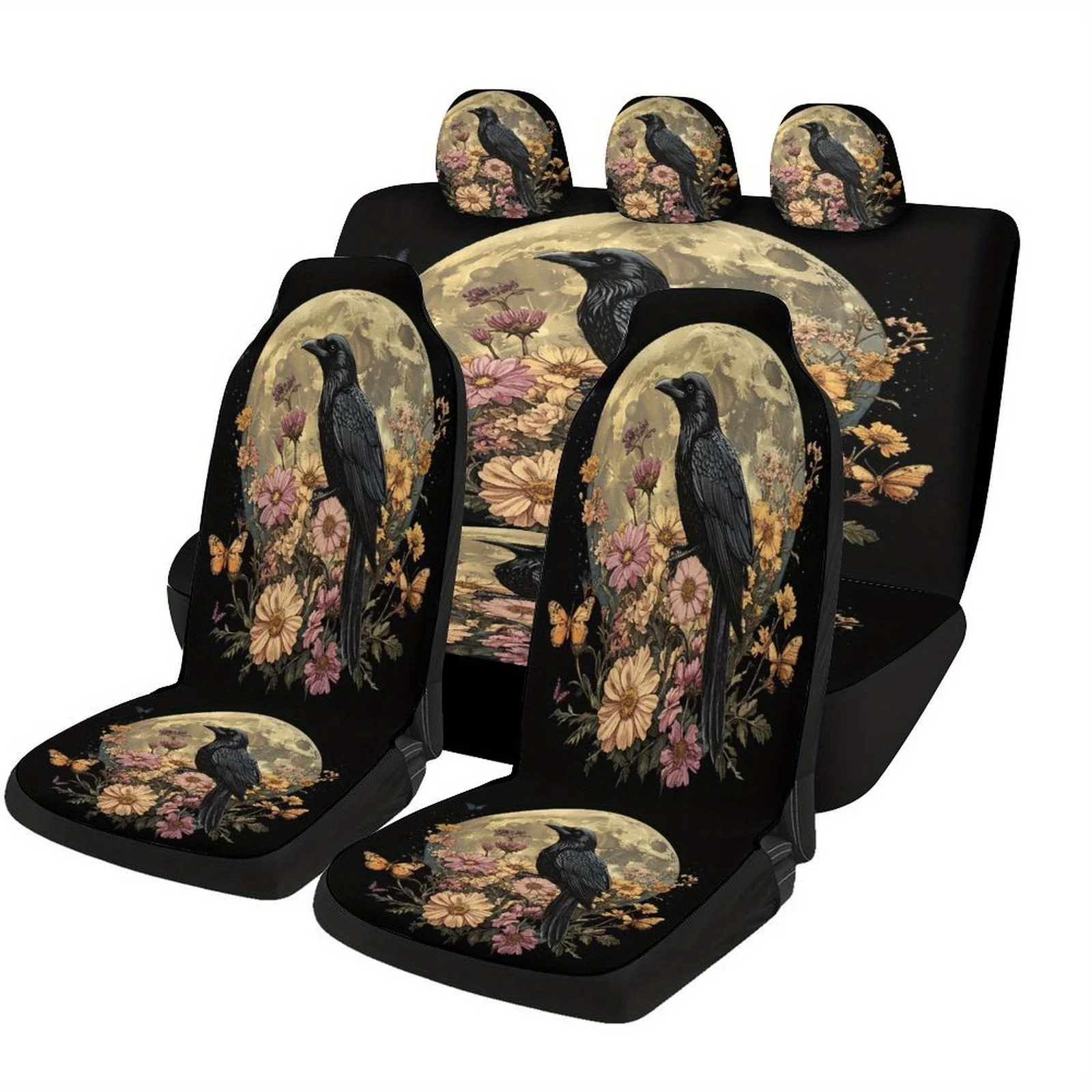 Raven Moon Flowers Designed Car Seat Cover Set For Most Cars, Fashion Novelty Car Seat Protector Covers Full Set, Car Seat Cov