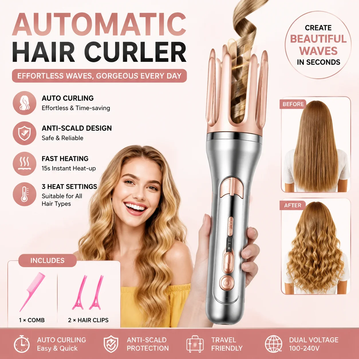 Automatic Curling Iron 32mm Ceramic Hair Curler Negative Ion Rotating Curling Wand Anti Tangle Hair Styling Tool