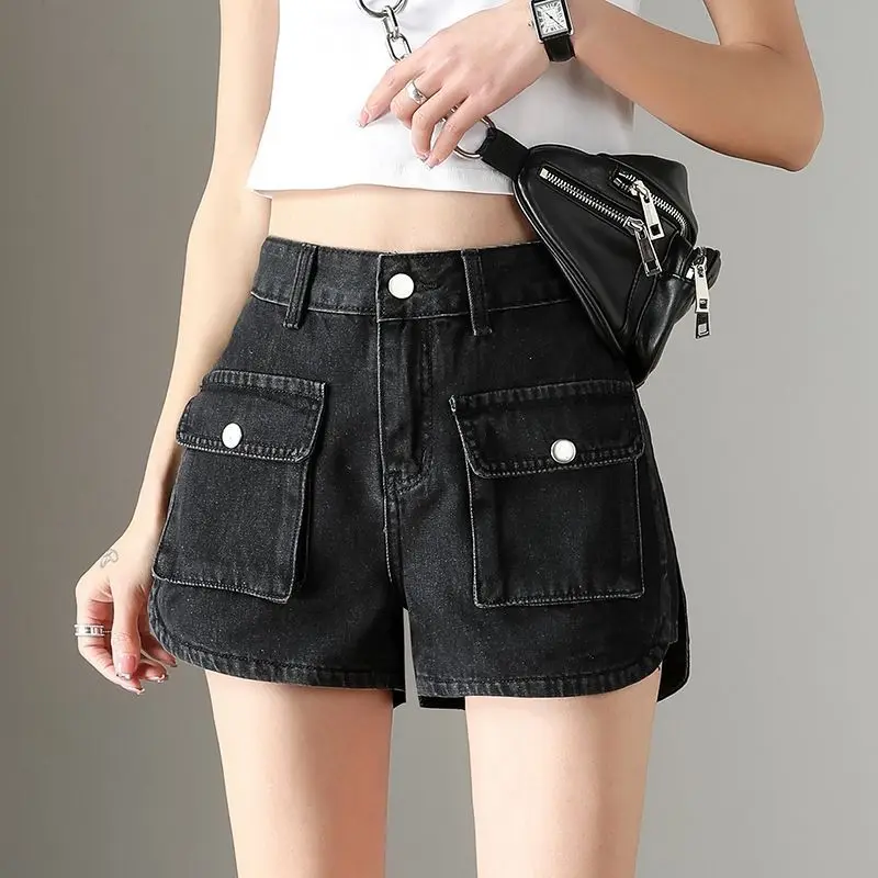 Denim Hot Pants for Women's Summer Fashion Slimming Workwear Pocket High Waisted Wide Leg Korean Loose Short Pants