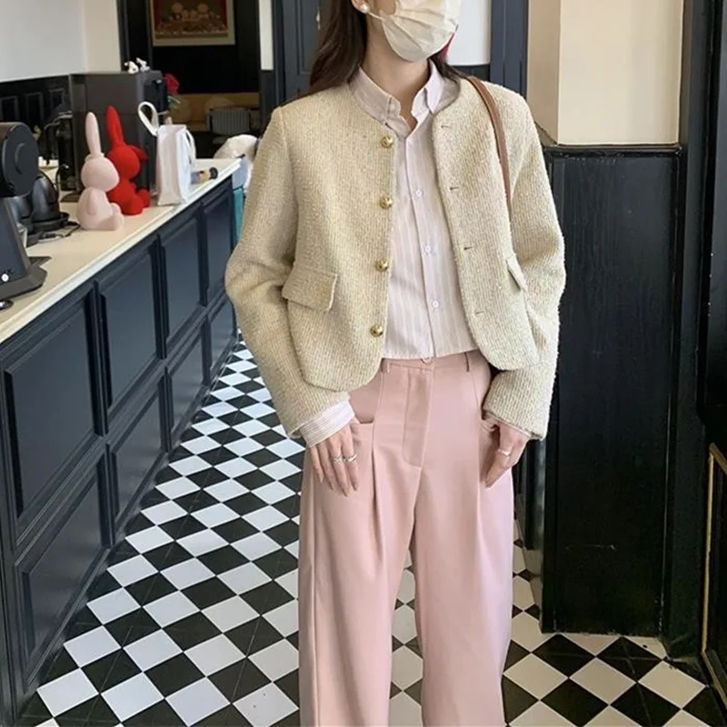 

Korean Fashion Female Short Coat Button Long Sleeve Pocket Single Breasted Jacket for Women Loose Outwear 2024 Women Jacket