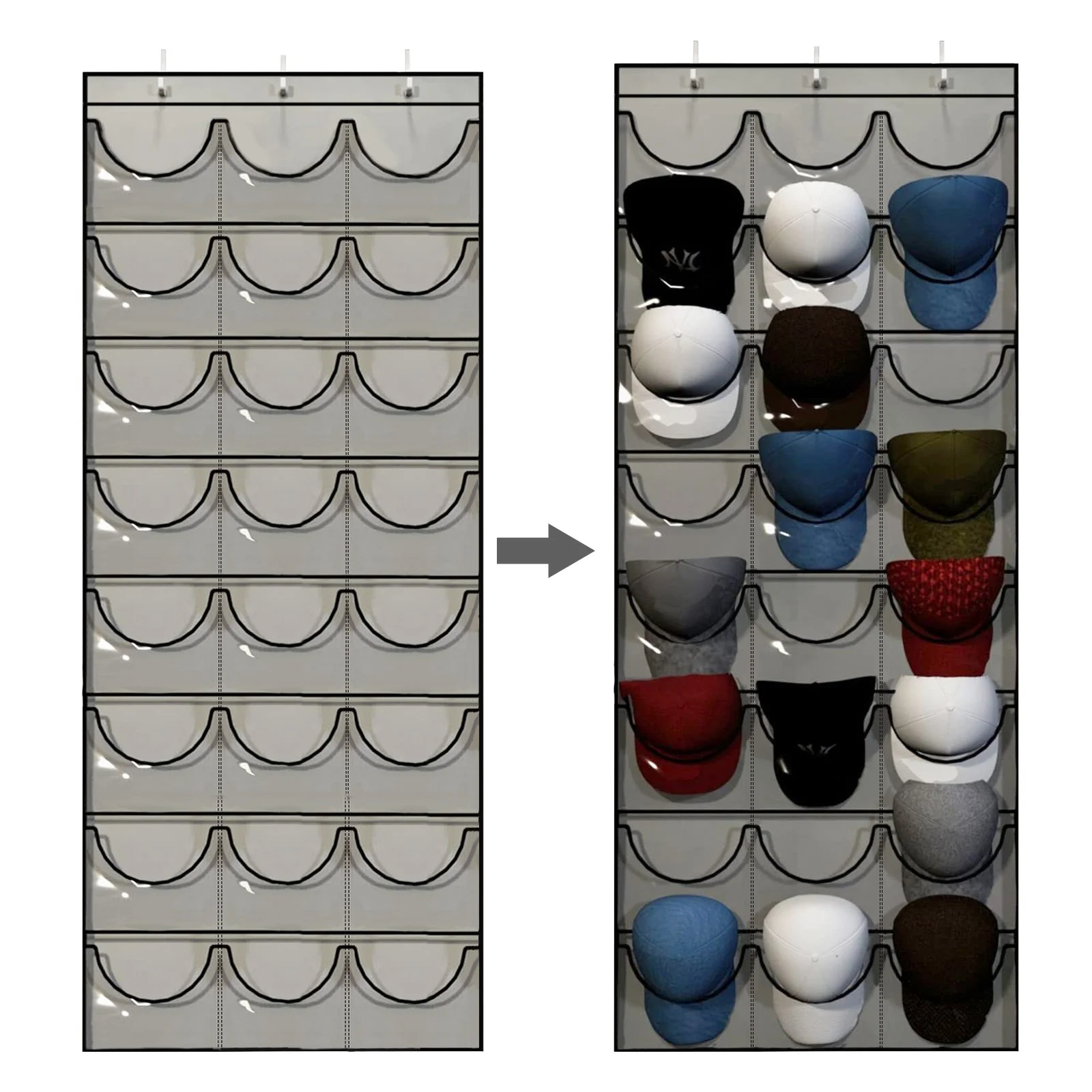 24Grid Baseball Cap Display Rack Wall Hook Storage Bags Transparent Pockets Protect Hat Door Storage Hanging Bag Hat Organizer