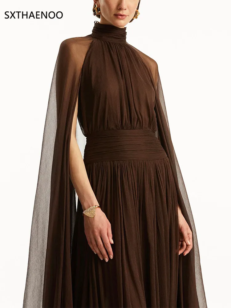 SXTHAENOO Solid Afslanken Gesplitste Plooien Temperament Jurken voor Vrouwen Hoge Hals Lange Mouwen Backless Sheer Jurk Vrouwelijke Nieuwe 2025