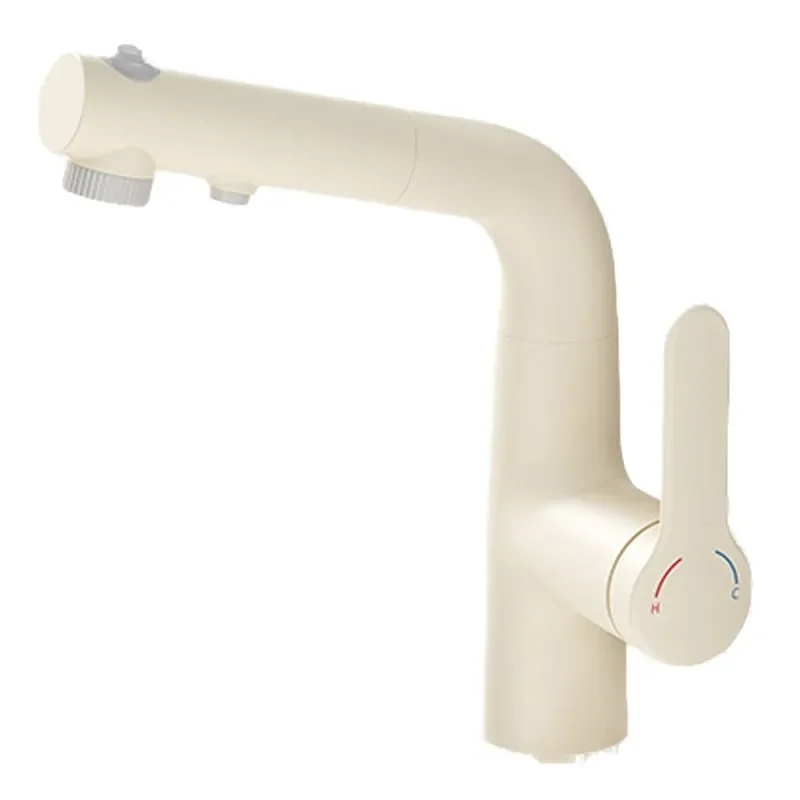 Cream white washbasin faucet pull-out type, can lift the washbasin hot and cold faucet to pour out water