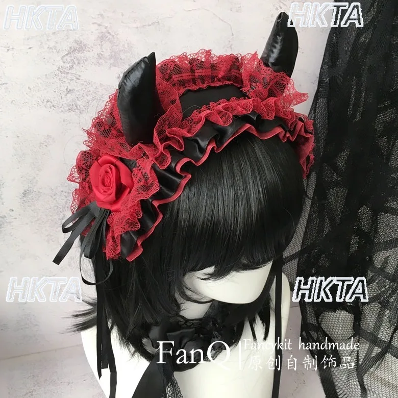 

Subculture Dark Lolita Demon Horn Gothic Headband Y2K Red and Black Clip Lace Hairband Halloween Cosplay Headbands Accessories
