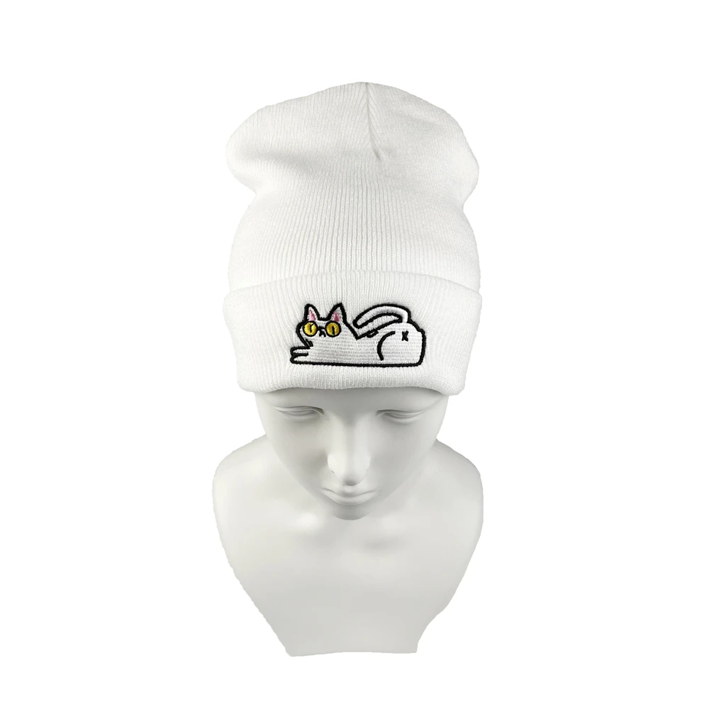 Cartoon Cat Embroidery Knitted Hat Autumn Winter Warm Skullies Cap Beanie Hat for Men and Women