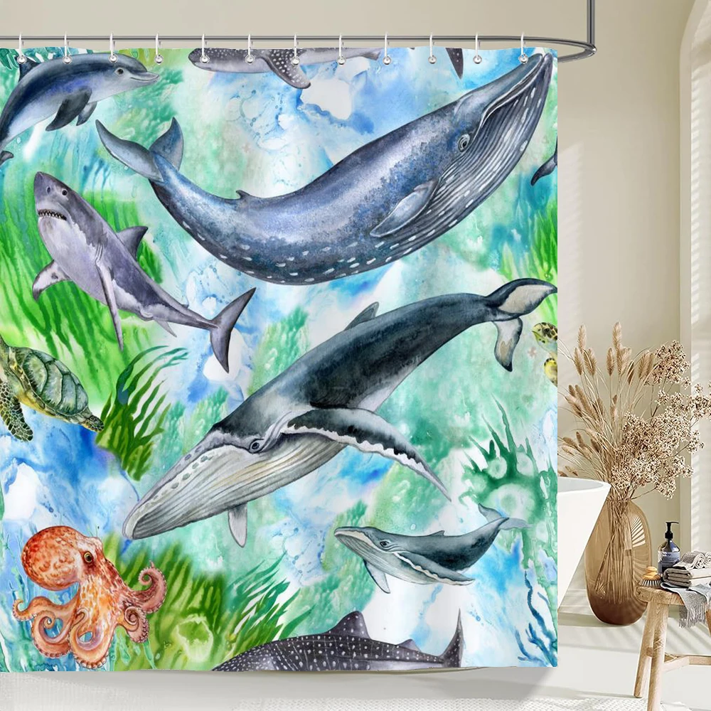 

Marine Turtle Shower Curtain Printed Polyester Fabric Cartoon Ocean Dolphin Fish Bathroom Curtain Home Decor Curtain with Hooks