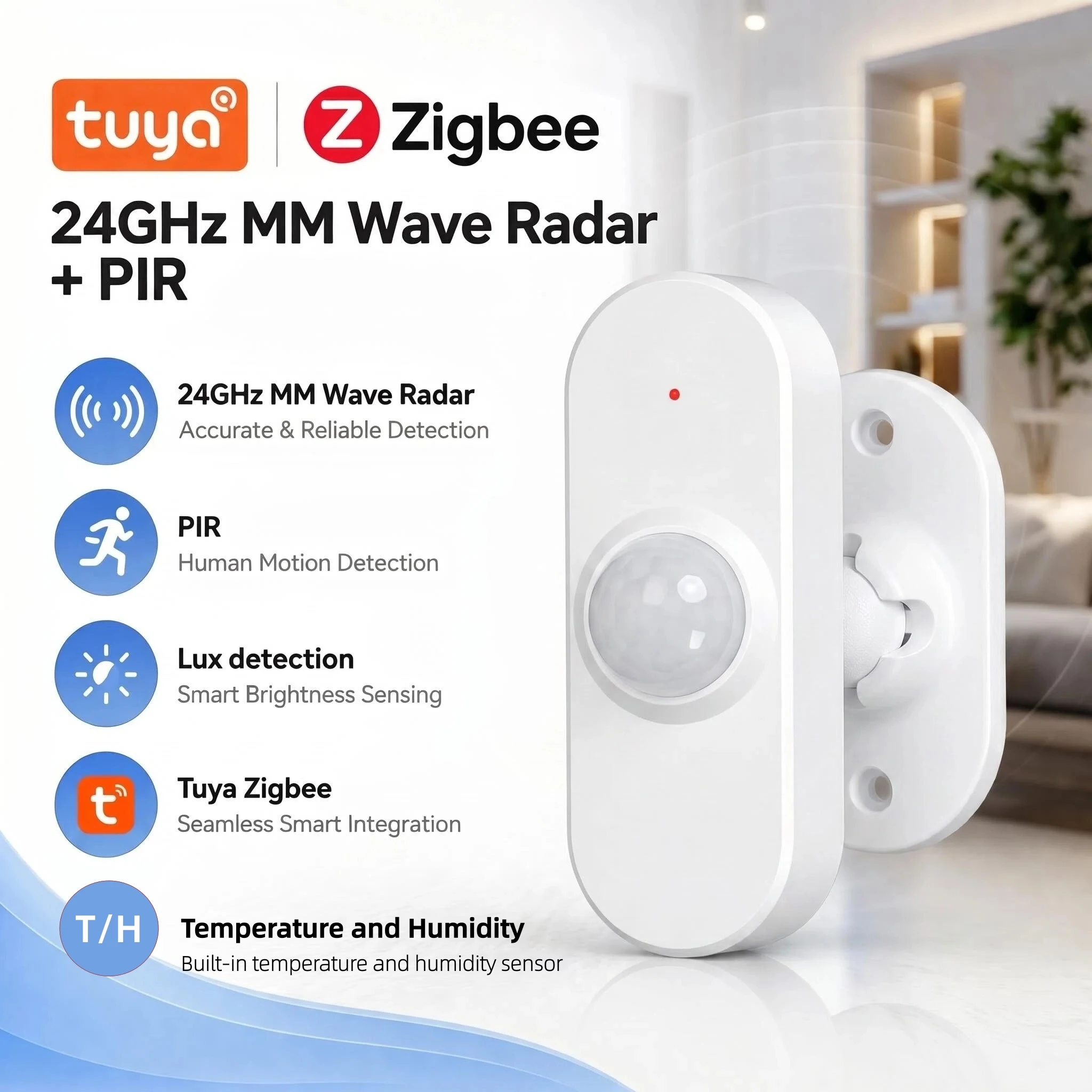 

Tuya 24GHz Mm Wave Radar Human Presence Sensor+PIR Motion Sensor Light Temperature Humidity Sensor USB/Battery Powered