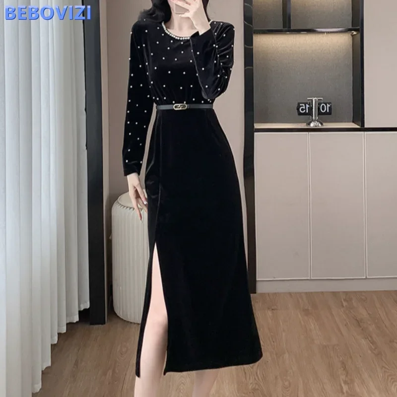 

2024 Black Dress Elegant O-neck with Bead Long Sleeve Velvet Evening Fishtail (free Belt) Birthday Dress for Women