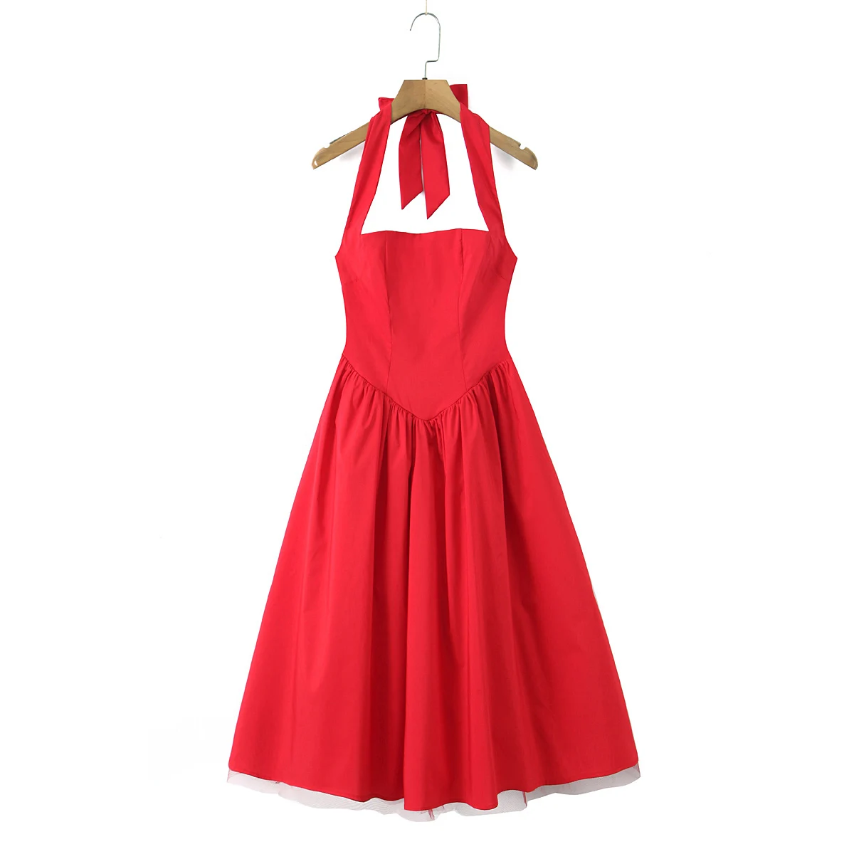 섹시한 레드 타이 보우 홀터 슬래시 칼라 슬링 드레스 여성용 로우 웨이스트 A라인 플리츠 스윙 롱 백리스 메쉬 안감 파티 드레스