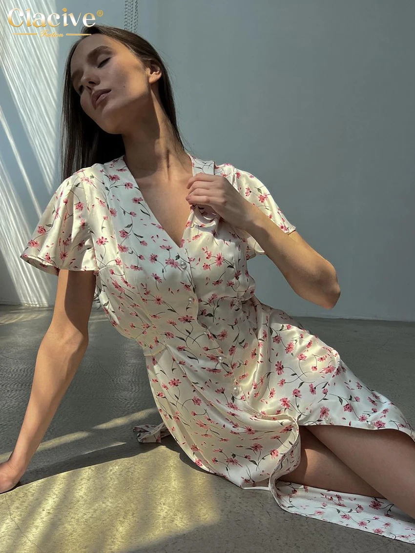 Clacive Summer Loose Print Women Dress Fashion V-Neck Short Sleeve Midi Dresses Elegant High Waist Single Breasted Female Dress