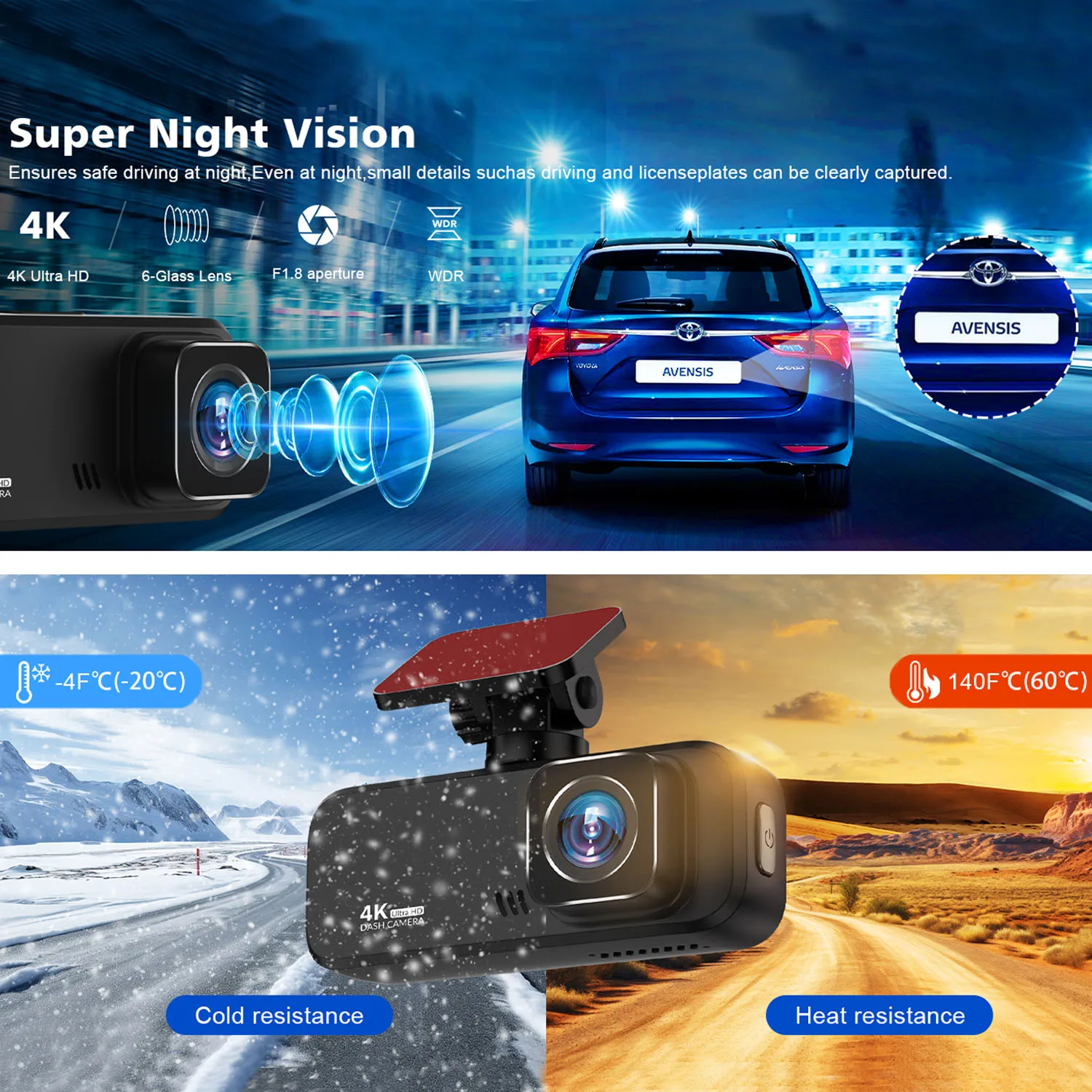 4K UHD Recording Dash Cam Video Recorder Car Camera DVR Night Vision Wi-Fi GPS 24H Parking Mini Front Rear Black Box Monitor