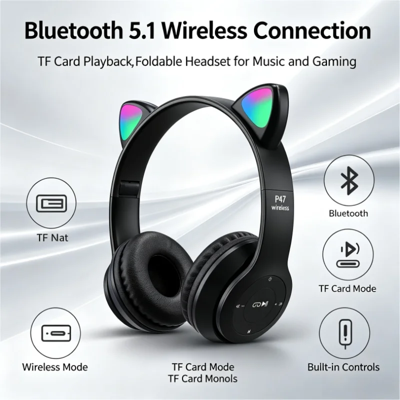 Image of P47M Katzenohren Leuchtendes Stirnband Bluetooth-Kopfhörer Cartoon Beliebte Niedliche Universelle Mobile Kabellose Bluetooth-Kopfhörer