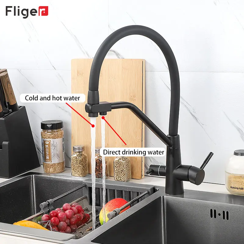 

Fliger Filter Kitchen Faucet Kithcen Purified Faucet 360 Degree Rotation Crane Black Gold Kitchen Faucet Three Ways Sink Mixer