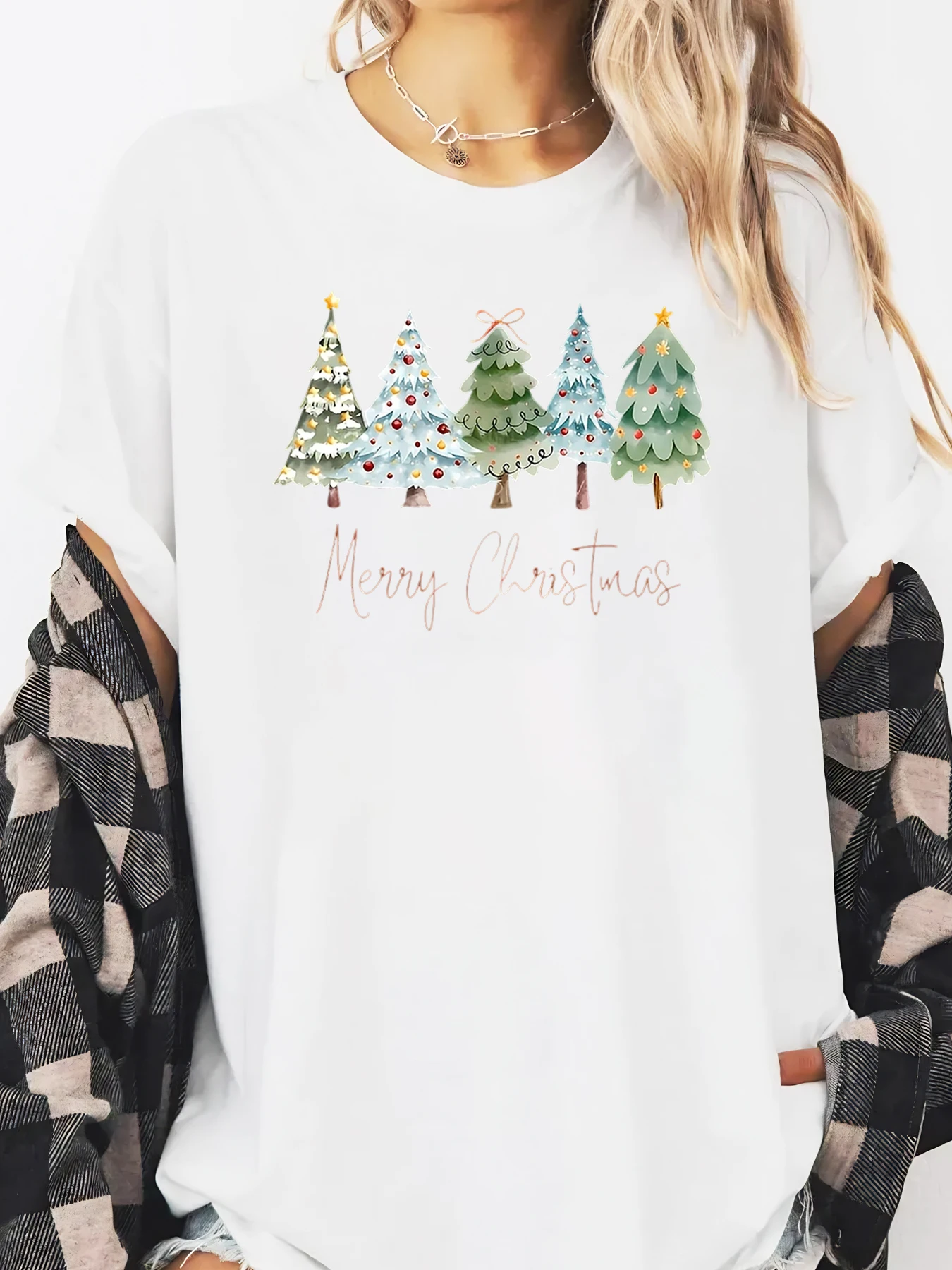 Christmas Tree Merry Christmas Print Long Sleeve T-Shirt Women Casual Holiday Wear White Plus-size