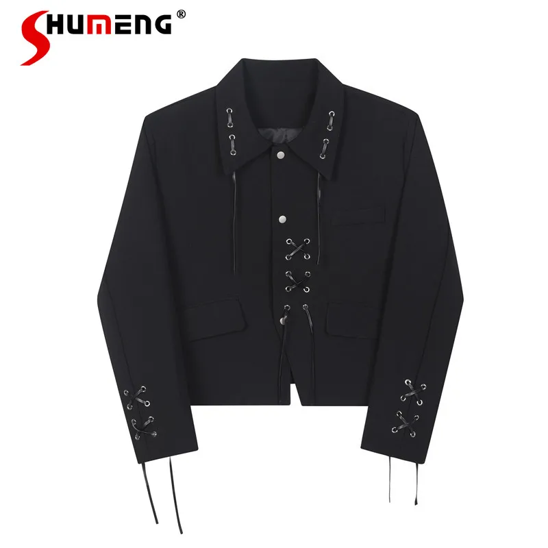 

Fashion Chic Jackets Men's 2025 Spring New Lapel Lace-up Trendy Coats Men's Retro Handsome High-end Short Style Long Sleeve Tops