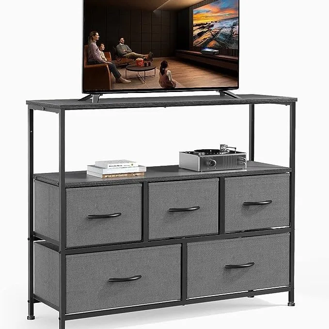 

Steel Frame Dresser Storage Tower Cabinet Home Organizer with Wooden Handle Fabric Drawers Box