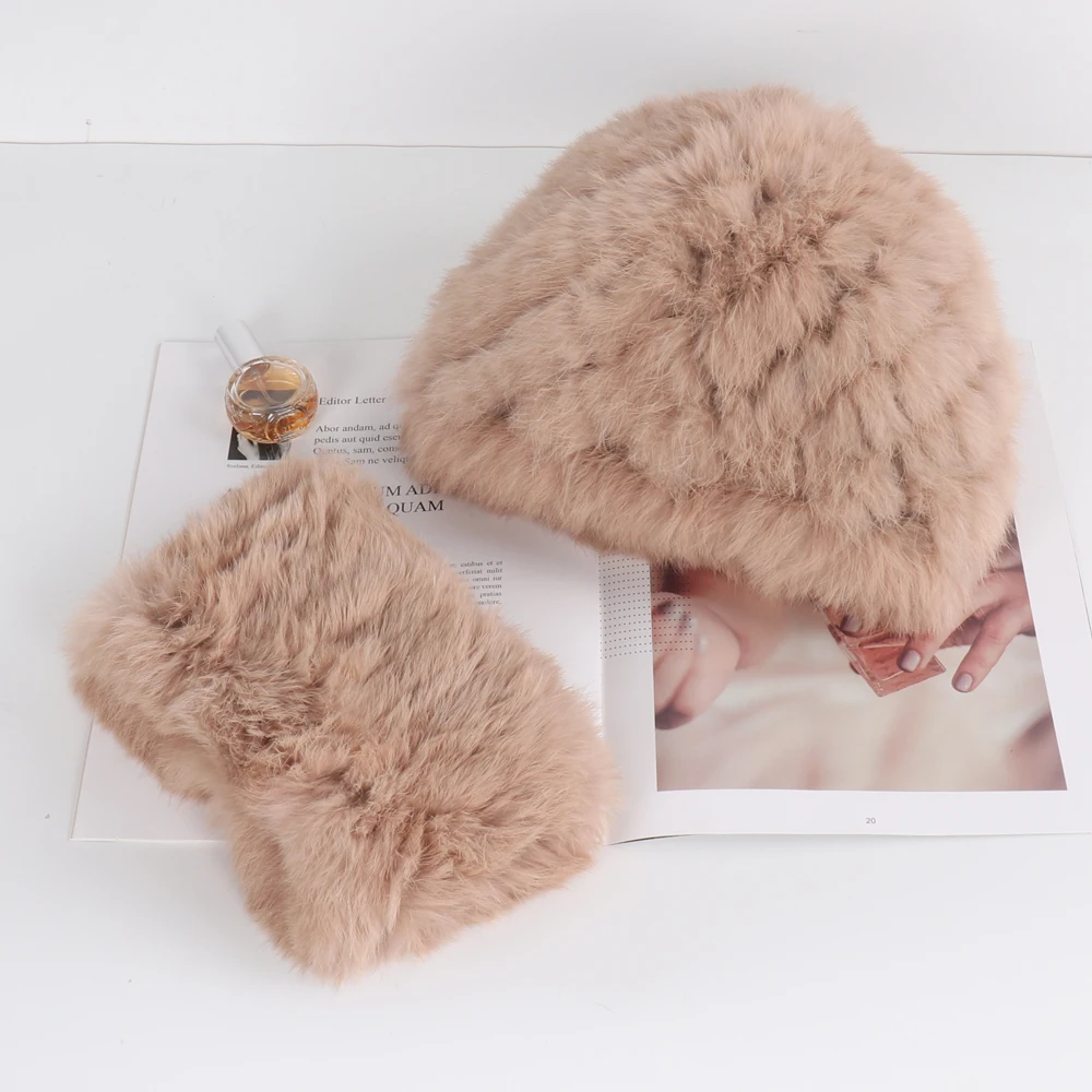 أرنب الفراء قبعة وشاح للنساء الشتاء الطبيعي أرنب الفراء قبعة الأوشحة مجموعات سيدة الدافئة محبوك سميكة الفراء الحقيقي القبعات الخمار 2 قطع #3