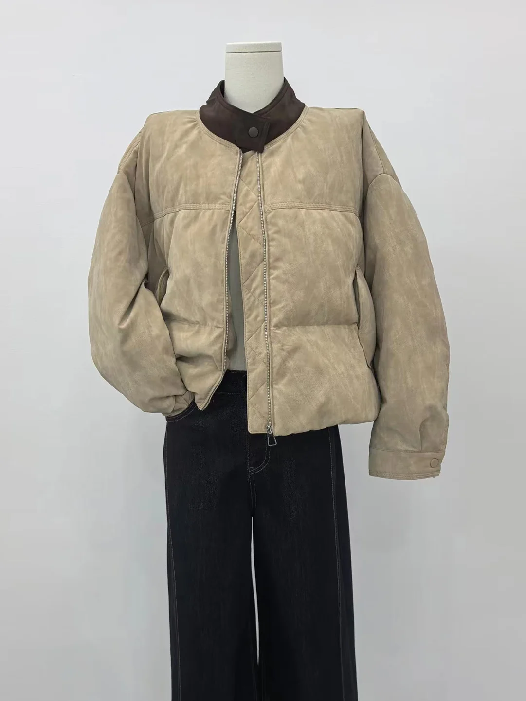 

Fashionable Khaki round Neck Cotton Jacket High Quality Casual Versatile Winter New Style Women's Clothing Retro Match All