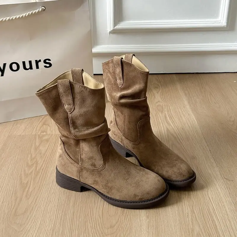 

Cow Suede Ankle Mid Heel Modern Boots Square Heel Solid Women's Shoes 2025 Hot Sale Spring/autumn Slip-on Women's Boots