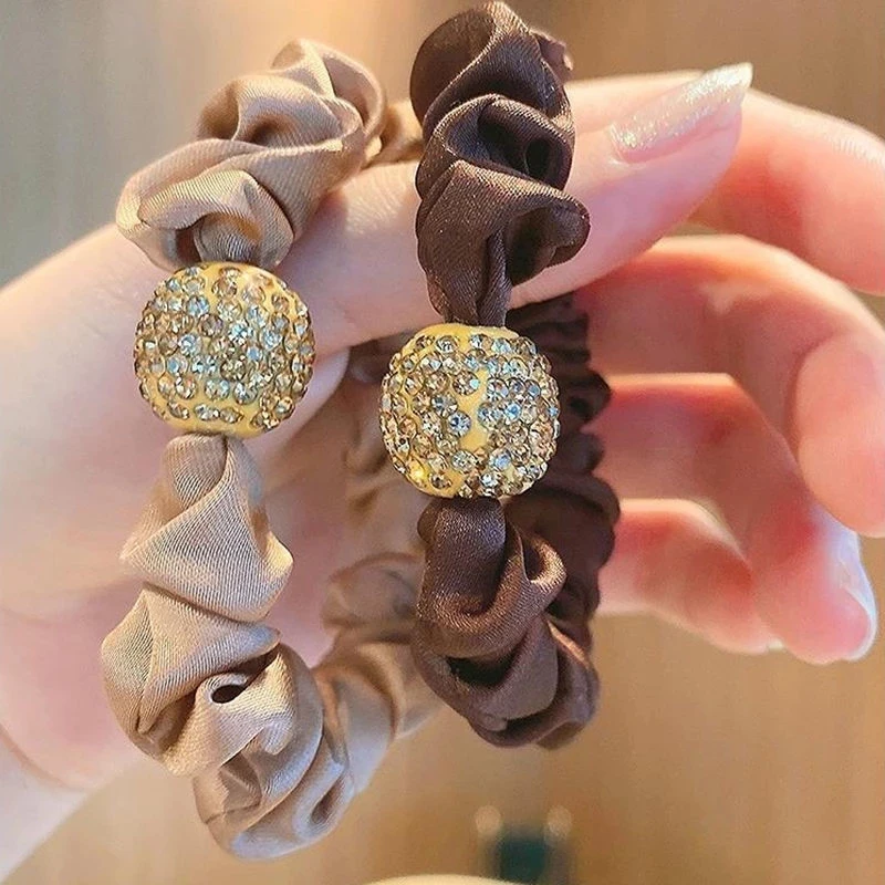 Fashion Summer Rhinestone Ball Leopard Scrunchie Women Simple Elegant Elastic Rubber Band Ponytail Holder Hair Tie