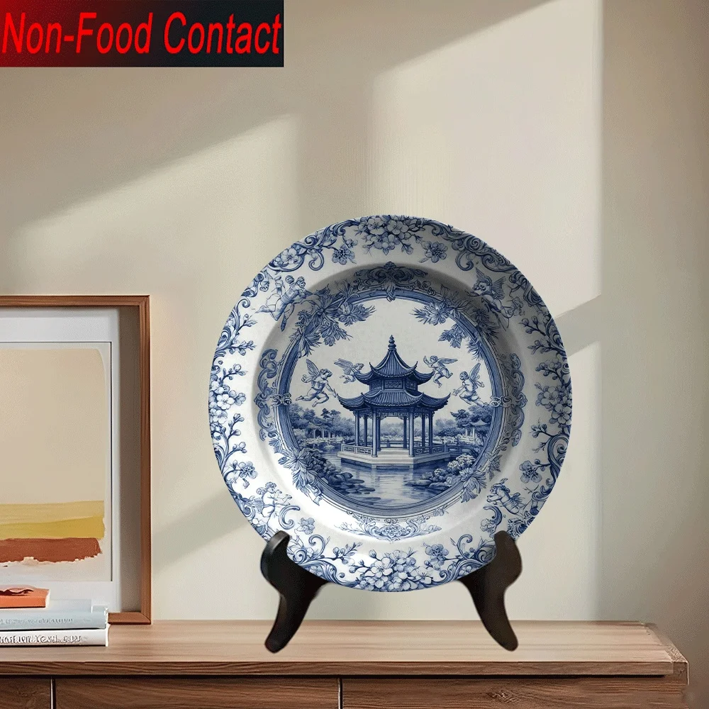 1pc Chinese-Inspired & Porcelain Ceramic Decorative Plate - Non-Food Contact Tabletop Ornament with Intricate Chinese Pavilion
