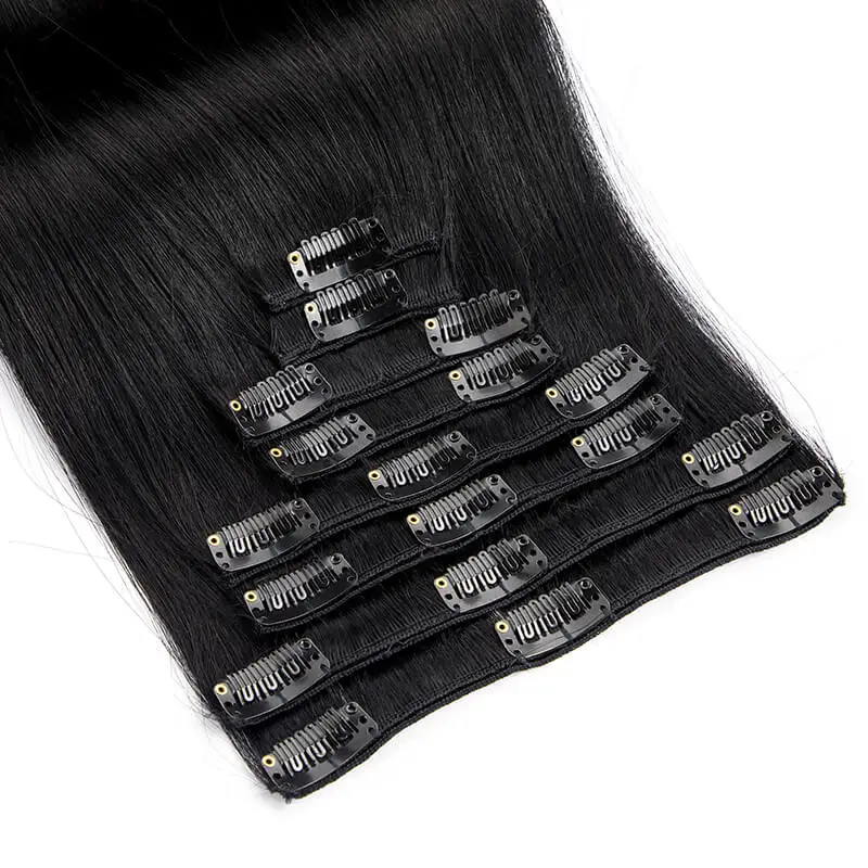 Extensiones de cabello humano con Clip, cabello liso para cabeza completa, negro azabache, 100% Remy, 12-24 pulgadas, 8 unidades por juego