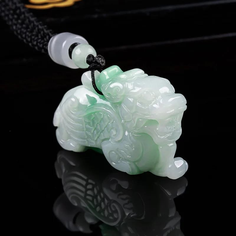 Myanmar Natural Jadeite Pixiu Kirin Jade Pendant - Authentic 3D Amulet for Couples, Men and Women, Wealth-Attracting Necklac