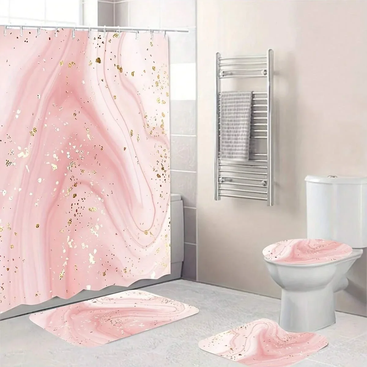 1pc Dreamy Marble Gilded Pattern Bathroom Curtain, Decoration Curtain With Plastic Hooks, Suitable For Rooms,