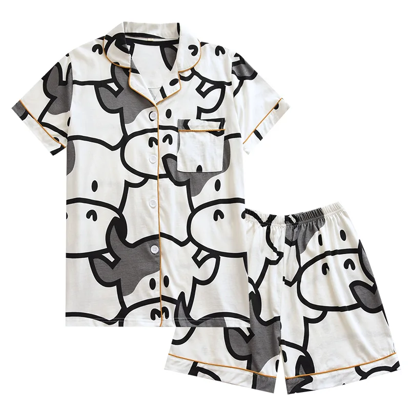 Summer Women\'s Cartoon Couple Pajama Set Knitted Cotton Cow Pattern Cute Nightgown Lapel Texture 2023 New Design Night-clothes