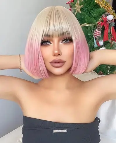 12Inch Blond Gradient Pink Color Synthetic Wigs With Bang Short Natural Straight Hair Wig For Women Cosplay Party Heat Resistant