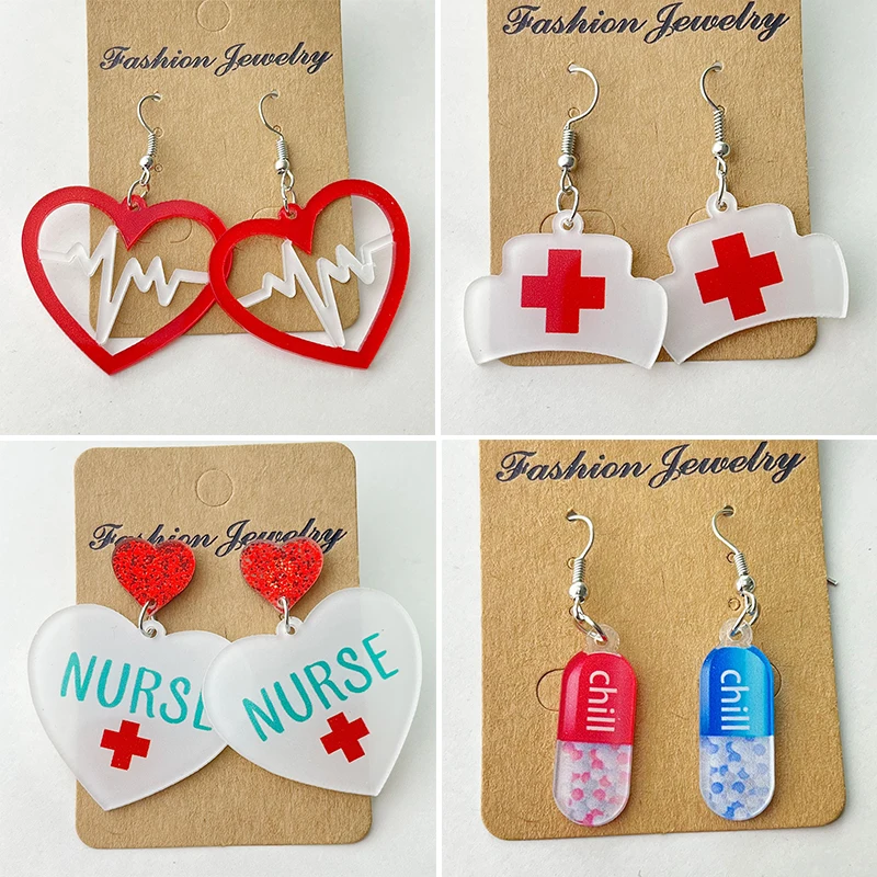 Heart Cross Nurse Day Earrings Capsules Electrocardiogram Stethoscope Medical Equipment Pendant Earrings Commemorative Jewelry