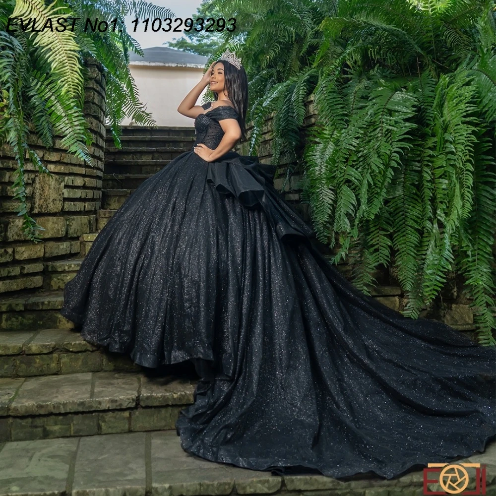فستان Quinceanera أسود لامع مخصص من EVLAST مزين بالكريستال ومشد مطرز حلو 16 فيستدوس دي 15 أنوس E1QN641 #2