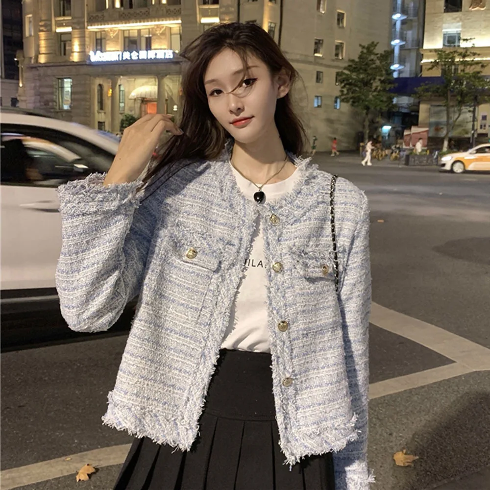 

2022 New Spring Autumn Fashion O-neck long sleeve cardigan Coat single breasted high waist short solid color tweed Jacket Top