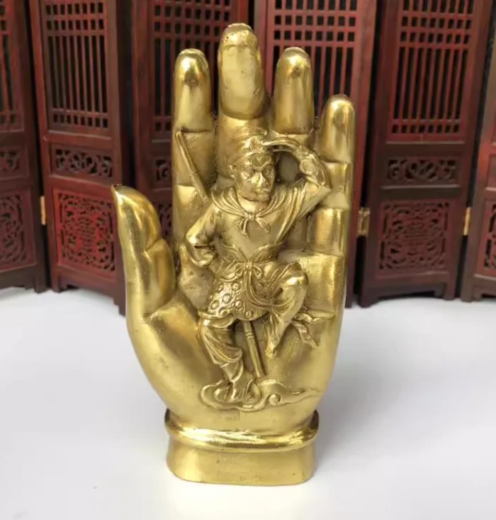 11cm Chinese Buddhism Brass Sun WuKong Monkey King Statue in Shakyamuni Buddha Hand