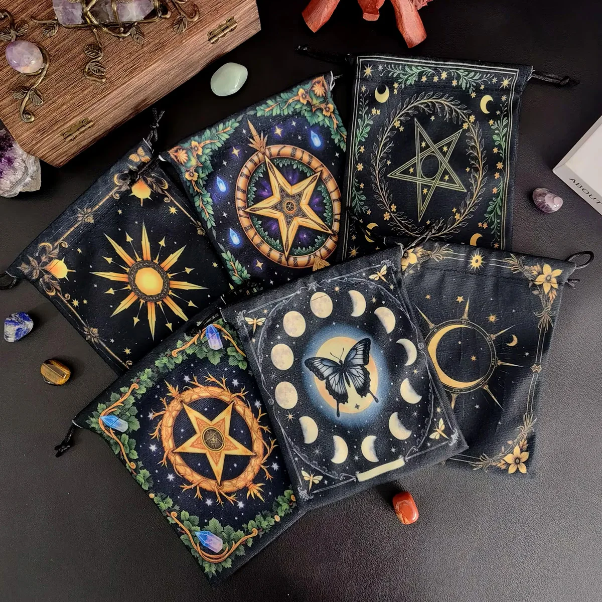 Butterfly Tarot Card Storage Bag Board Game Drawstring Bag Pentagram & Moon Jewelry Pouch For Short Plush Dice Accessories Bag