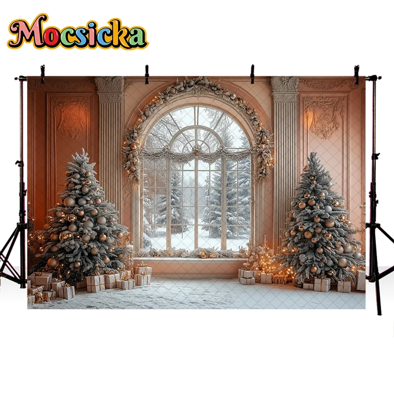 Mocsicka พื้นหลังสำหรับถ่ายภาพในช่วงฤดูหนาวของตกแต่งต้นคริสต์มาสย้อนยุคของขวัญสำหรับเด็กรูปครอบครัวฉากหลังสตูดิโอถ่ายภาพ