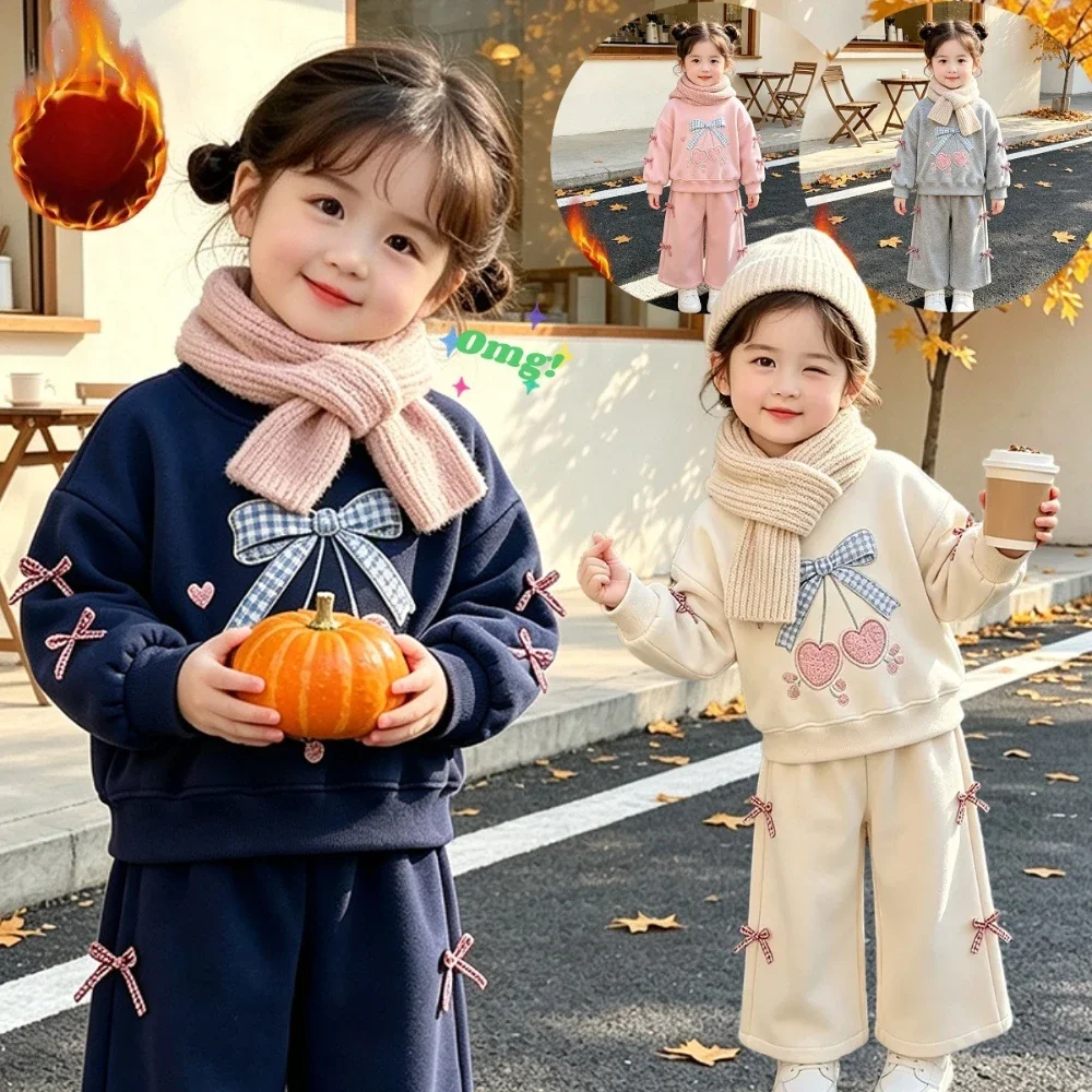 Autumn Winter Velvet Warm Little Girl Clothes Korean Style Sweet Bow Children's Clothing Long Sleeved Pullover+Pants 2-piece Set