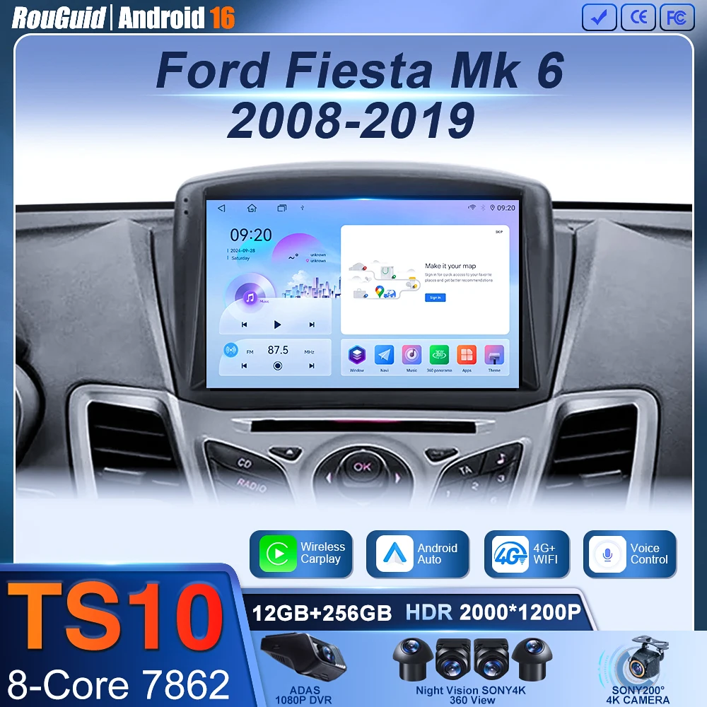 

Автомагнитола с CarPlay для Ford Fiesta Mk 6 2008-2019, Android-мультимедиа, видеоплеер, сенсорный экран, автонавигация