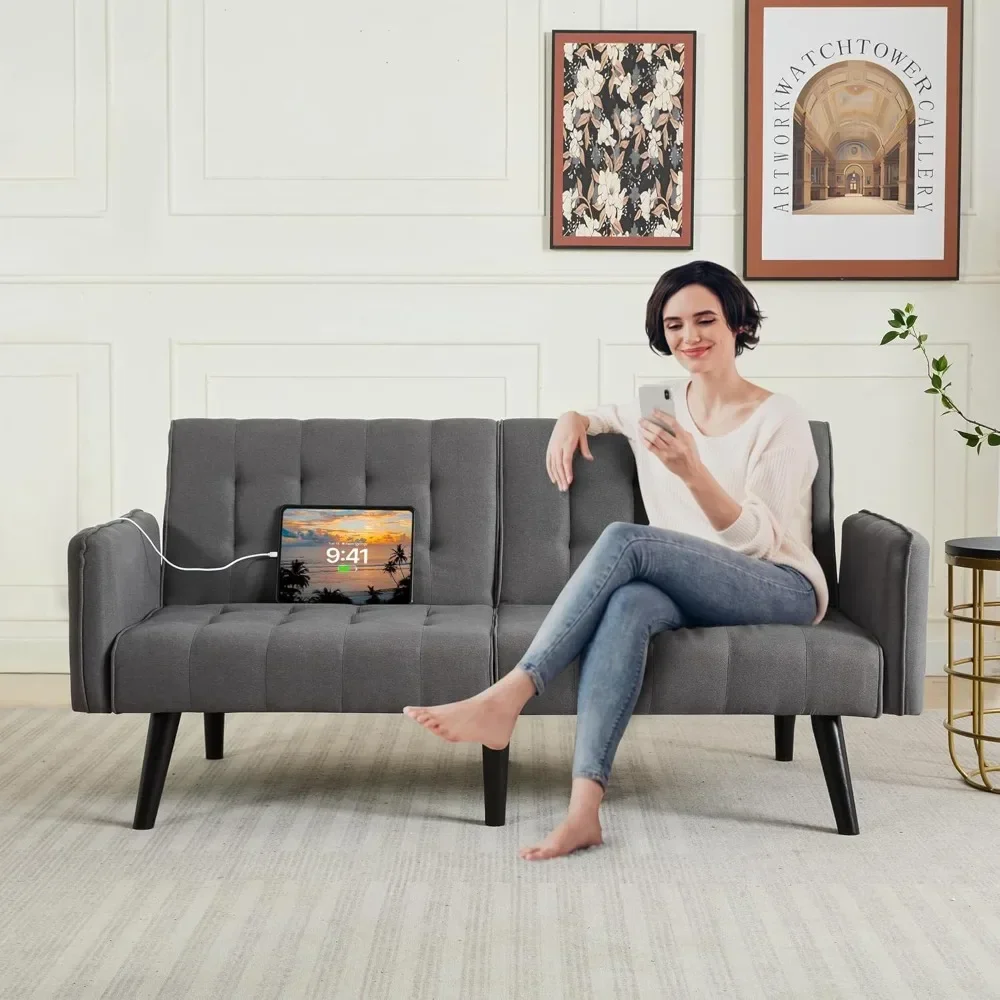 

65" Convertible Futon Sofa Bed with 2 USB Ports, Linen Blend Adjustable Folding Futon Sofa with Removable Armrests