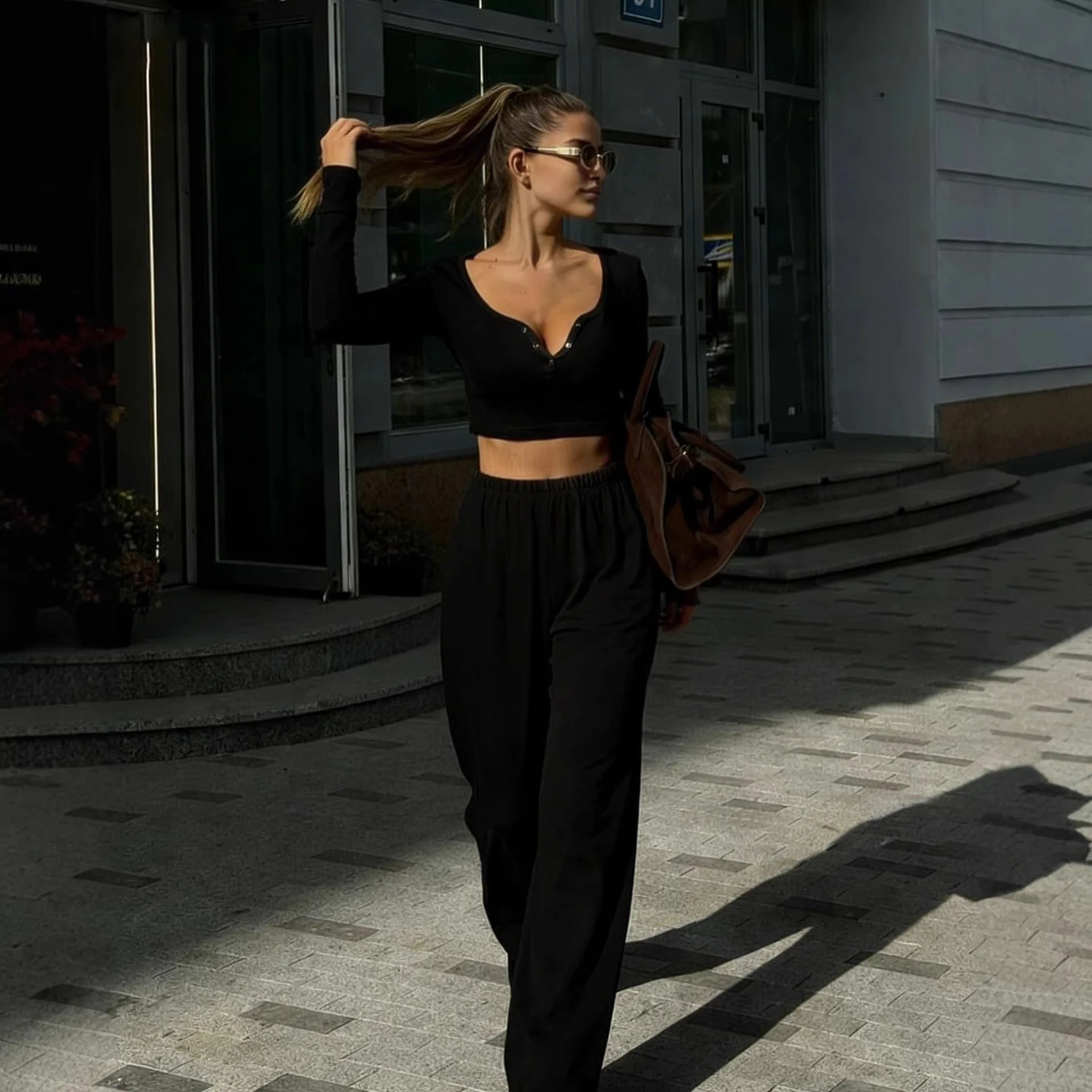 Spring Summer Women Set Solid Color Long Sleeve Button V Neck Crop Top Elastic Wide Leg Pants 2 Piece - view 4