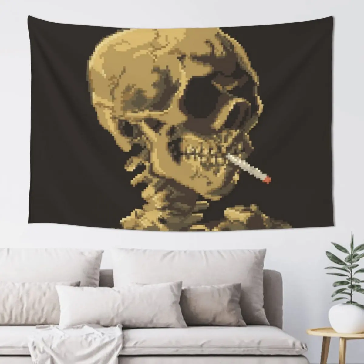 Van Gogh Pixel Art - Skull of a Skeleton with Burning Cigarette Tapestry Home Decorations Cute Room Things Tapestry