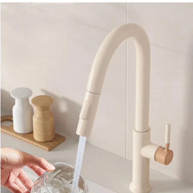 Cream White Kitchen Faucet with Wood Handle 360° Swivel Kitchen Sink Faucet Hot and Cold Mixer Tap for Farmhouse RV Bar Laundry
