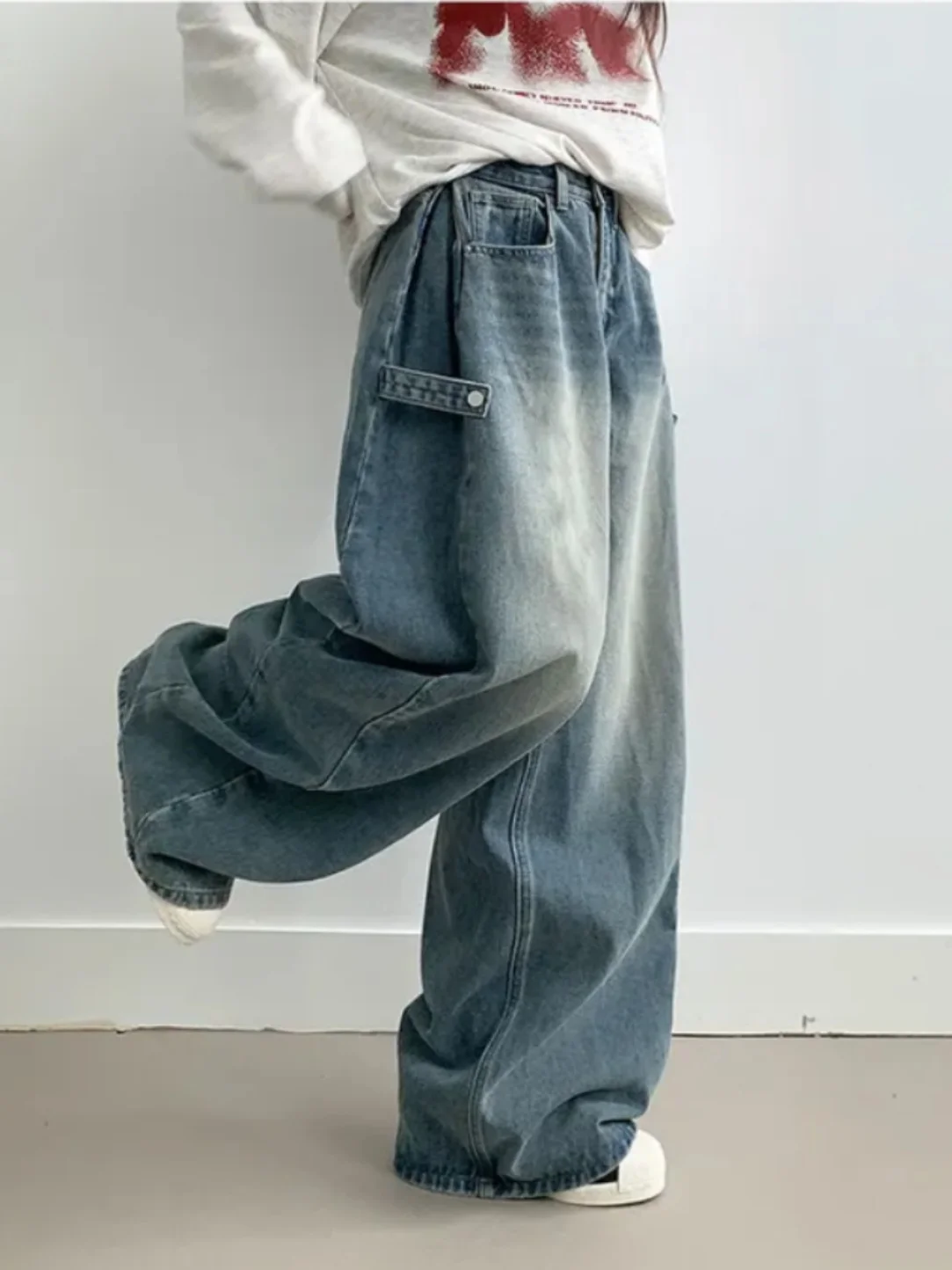 

Retro Waed Button Front Denim Jeans Women's Loose Wide Leg Casual Long Pants High Waist Side Pleated Casual Loose Fit