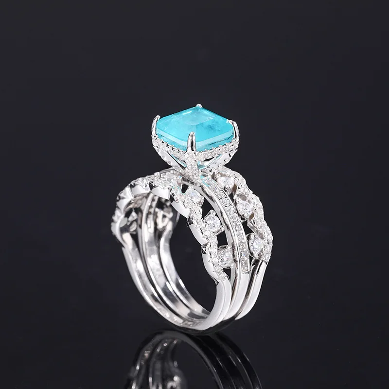 S925 Silver Imitation Colorful Treasure Paraiba Closed Engagement Ring Three Piece Set Main Stone 8 * 8 Jewelry Wholesale