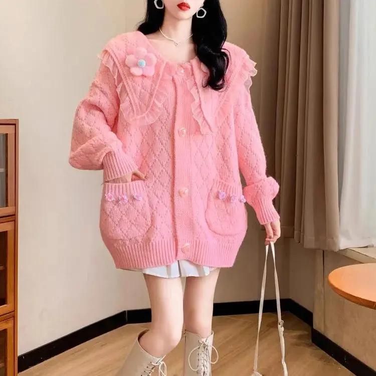 

Hsa новый осенне-зимний свободный и милый вязаный кардиган с цветочным рисунком для женщин, на шнуровке, свитера, кардиганы